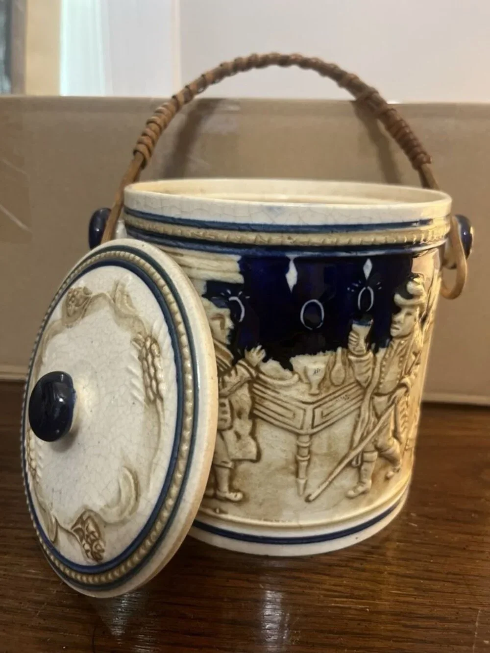 Vintage 1950 Salt Glaze Tobacco Jar Biscuit Japan Bosque Ice Bucket Wheat Wicker